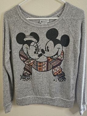 Disney Heather Gray Crewneck Sweatshirt with Mickey & Minnie Scarf Graphic